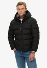 Image of Superdry Jacket Sports Puffer Hooded Quilted Padded Winter Coat Full Zip Black