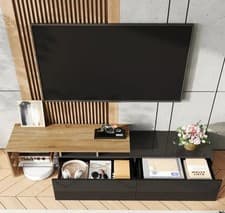 Image of Modern Low TV Unit / Media Console – Oak & Black