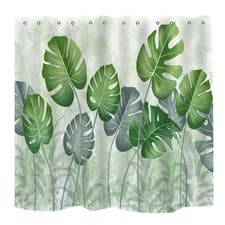 Image of Light Green Polyester Shower Curtain with Leaf Pattern for Bathroom