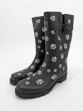 Image of Womens Wellies Rubber Rain Boots Wellingtons Dog Paw Design Black Size UK 4