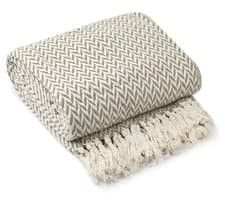 Image of 100% Cotton Herringbone Throw Natural Taupe Fringe Tassel Sofa Bed Chair Blanket