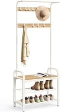 Image of Steel Coat Rack with Shoe Storage Square Bench Clothes Hat Stand Hanger 9 Hooks