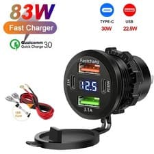 Image of USB Car Charger Dual QC 3.0 PD Port With Voltmeter Outlet Socket for 12/24V