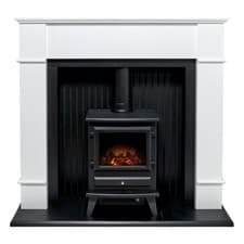 Image of Adam Oxford Stove Fireplace in Pure White with Hudson Electric Stove in Black...