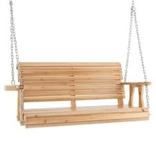 Image of 2-Person Porch Hanging Swing Chair Wooden Garden Swing Bench W/ Cup Holders