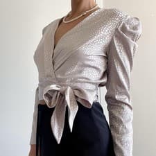 Image of Topshop | Silver metallic Animal Print long sleeve wrap crop top | Size UK 10