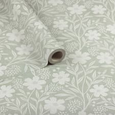 Image of Sage Green Floral Wallpaper Slightly Textured Feature Wall Living Room Hallway