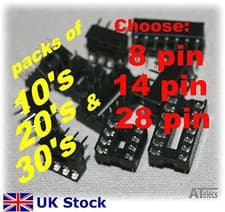 Image of IC Sockets 8 14 28 pin DIL DIP socket Low Profile 10, 20 or 30 pack - UK Stock