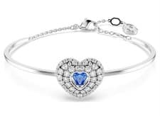 Image of Swarovski Hyperbola Blue Heart Bangle Bracelet Rhodium Plated NEW Boxed, Size M