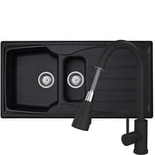 Image of Liquida CMP15BL 1.5 Bowl Reversible Black Kitchen Sink And Pull Out KPO11MB Tap