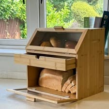 Image of 3 Compartment Bamboo Bread Bin Loaf Double Layer Storage Rack Box With Drawer