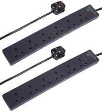 Image of PRO ELEC 6 Gang Surge Protected Extension Lead, 5m, Black – 2 Pack, 13A UK Pl