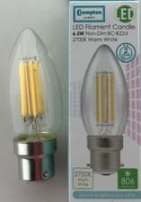 Image of = 60 WATT CROMPTON LED Candle Filament Clear NON Dim 6.5W  2700K  BC B22 12769
