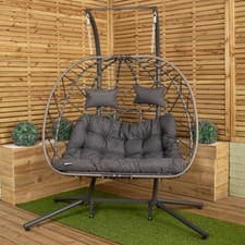 Image of 2 Seater Hanging Rattan Egg Chair with Steel Frame and Waterproof Cover in Grey