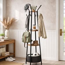 Image of Coat Rack Stand 16 Hooks Storage Shelves Basket Hallway Clothes Organizer