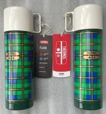 Image of 2x THERMOS REVIVAL RETRO STAINLESS STEEL VACUUM FLASK ; GREEN TARTAN BNWT