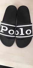 Image of NEW WITHOUT TAGS RALPH LAUREN BLACK POLO SLIDER SLIDES SLIPPERS MEN POOL SIDE