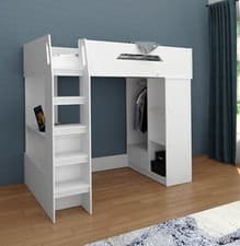 Image of Single High Sleeper Bed with Desk, Storage and Hanging Area, White
