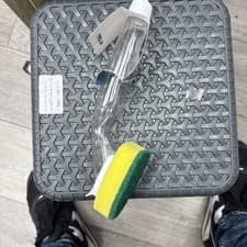 Image of Soap Dispenser Scrubber With Scourer. Washing Dishes
