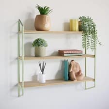 Image of Wall Hanging 3-Tier Shelf Wooden Shelves with Sage Metal Frame, Decor Display