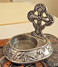 Image of Small Unmarked Vintage Cast-Metal Celtic Cross Votive Holder with Rare Deep Well
