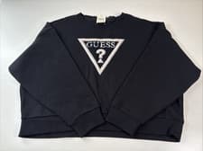 Image of Guess Logo Ponie Triangle Fleece Crew Sweatshirt Pullover Black Size Large
