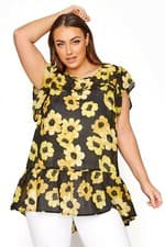 Image of Yours Clothing Black and Yellow Floral Frill Hem Short Sleeve Tunic Top UK 18