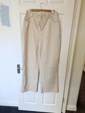 Image of Missguided Light Beige Faux Leather High Waisted Wide Leg Trousers Size 14 Tall