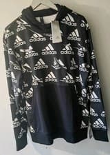 Image of Adidas Men's L Black Noir Sweatshirt Jumper Hoodie Repeated White Logo Print New