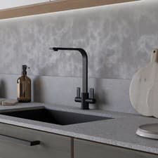 Image of Twin Lever Kitchen Mono Mixer Sink Tap Swivel Spout Designer- 1/4 Turn-Flex Tail