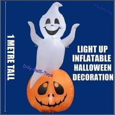 Image of Light Up Inflatable Ghost & Pumpkin Halloween Decoration 1 Metre Tall In Outdoor