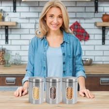 Image of 3 Piece Stainless Steel Kitchen Canisters Set with Airtight Lid & Clear Window