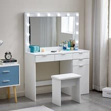 Image of White Dressing Table with LED Lights Mirror Stool Drawers Vanity Makeup Desk Set