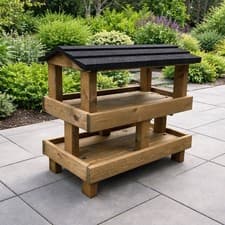 Image of Wooden Ground Bird Feeder with Black Roof Heavy Duty Two Level Feeding Station