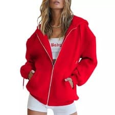 Image of Women Long Sleeve Plain Hoodie Tops Ladies Casual Baggy Zip Up Hooded ^