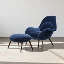 Image of Swoon Lounge Petit Armchair And Stool, Blue Velvet, Wood Leg
