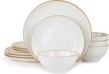 Image of 12pc Stoneware Dinner Set White Gold Rim Plates Bowls Dishwasher Safe