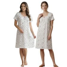 Image of Ladies Floral Nightie 100% Cotton Women Nightdress Short Sleeve White Size 10-24