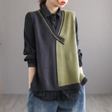 Image of Lady Splice Vest Waistcoat Jumper Sweater Tank Top Knitwear Retro Knitted Casual