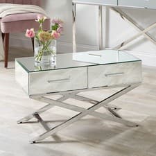 Image of Mirrored Coffee Silver Glass Table Cross Legs Living Room Small Side Table