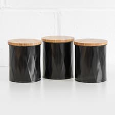 Image of Set of 3 Black Metal Storage Tins with Wooden Lids 1L Tea Coffee Sugar Canisters