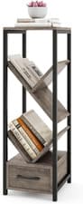 Image of Tree Bookshelf 4 Tier Bookcase Drawer Storage Display Shelf Narrow Metal Grey