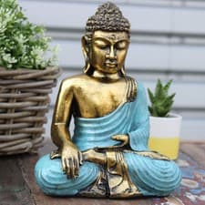 Image of Thai Buddha Figurine Blue Teal Gold Effect Statue Spiritual Ornament Décor 22cm