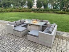 Image of Fimous Outdoor Garden Dining Set Rattan Furniture Gas Fire Pit Dining Table Sofa