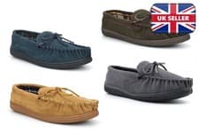 Image of Mens Moccasin Slippers Mens Suede Slippers Slip On Moccasins Genuine Leather