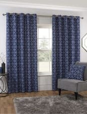 Image of Sundour Navy Eyelet Curtains Geometric Fully Lined Pair, W90"×D 72" (229x183cm)