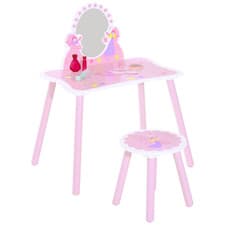 Image of Girls Kids Pink Dressing Table Make Up Play Set Desk Chair Mirror HOMCOM