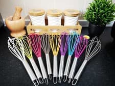 Image of Egg Whisk Stainless Steel Handle Silicone Coated Wire Utensil Kitchen Baking UK