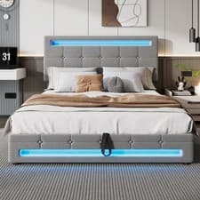 Image of Double Bed Upholstered Bed Grey Fabric Gas Lift Ottoman Storage Bed Frame 4ft6