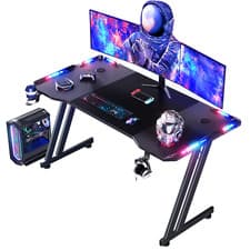 Image of LED Gaming Desk Computer Table Workstations w/ Headphone Hook & Cup Holder Black